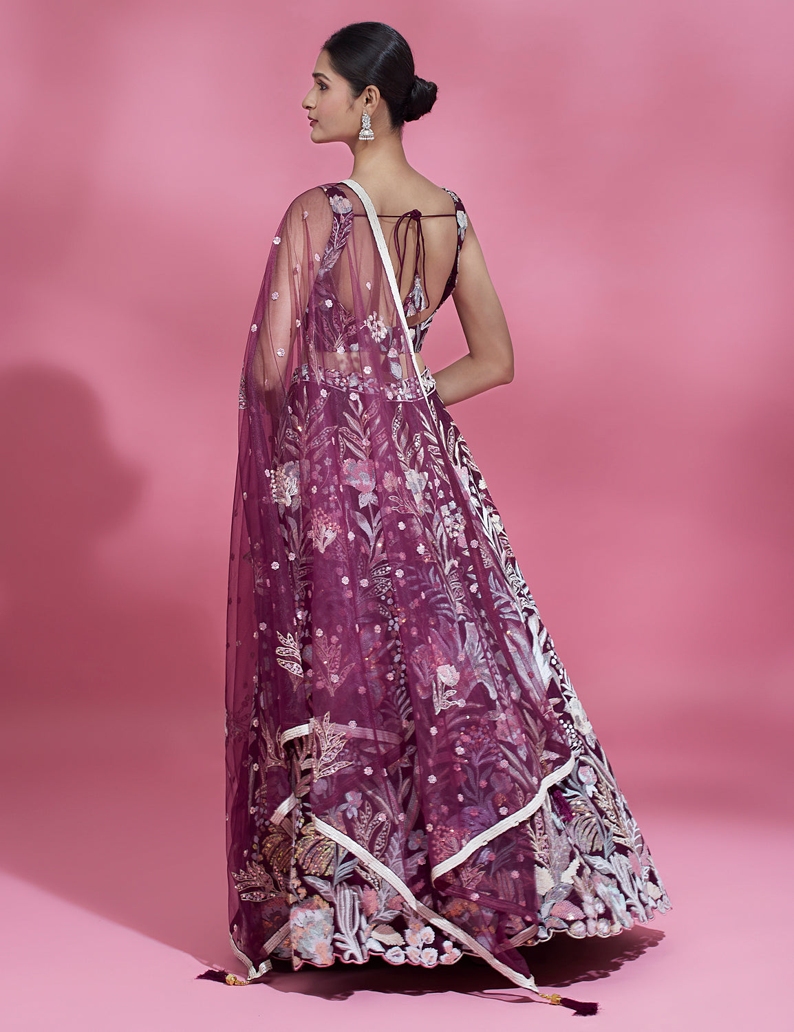 Burgundy Net Sequinse Work Semi-Stitched Lehenga & Unstitched Blouse with Dupatta ClothsVilla