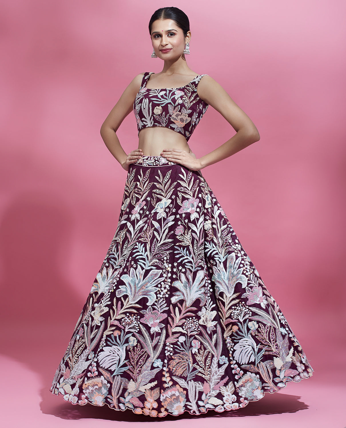 Burgundy Net Sequinse Work Semi-Stitched Lehenga & Unstitched Blouse with Dupatta ClothsVilla