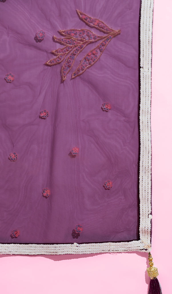 Burgundy Net Sequinse Work Semi-Stitched Lehenga & Unstitched Blouse with Dupatta ClothsVilla