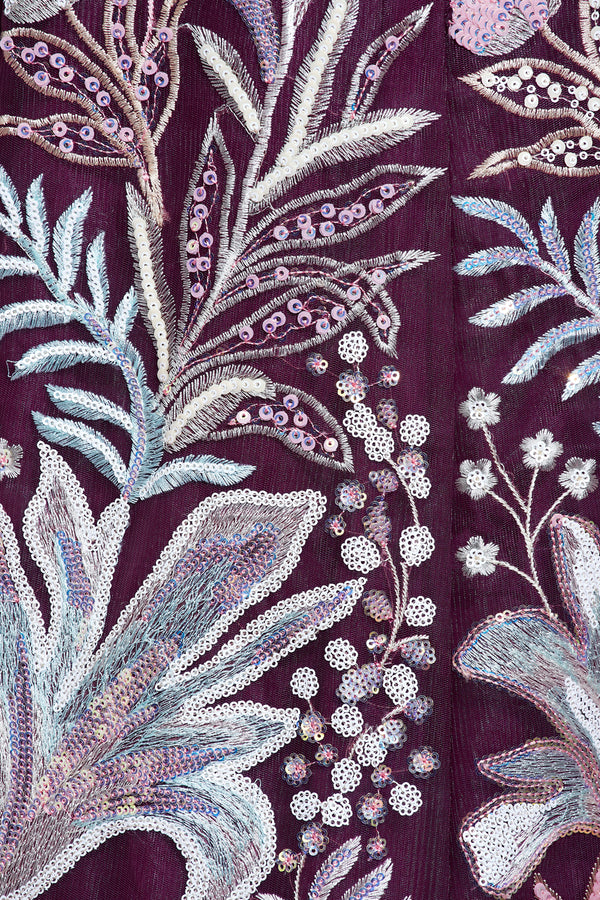 Burgundy Net Sequinse Work Semi-Stitched Lehenga & Unstitched Blouse with Dupatta ClothsVilla