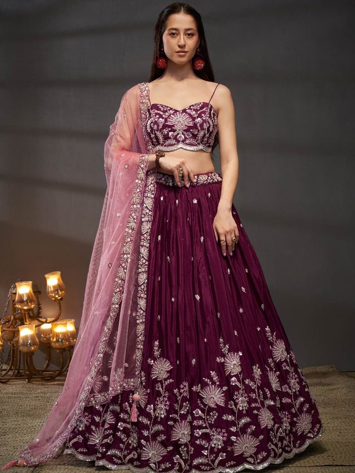 Burgundy Pure Chiffon Sequins embroidery Semi-Stitched Lehenga choli & Dupatta ClothsVilla Main image