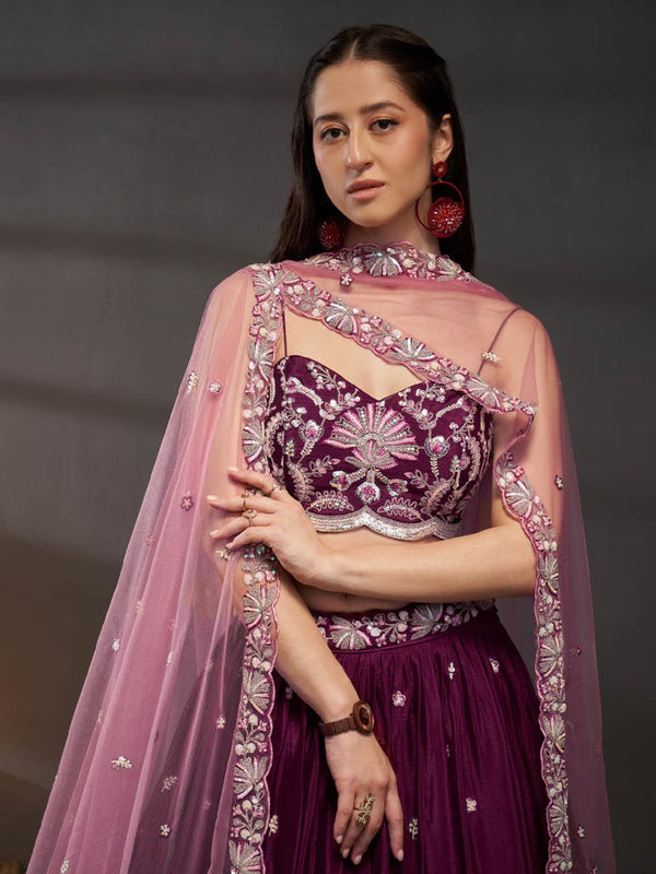 Burgundy Pure Chiffon Sequins embroidery Semi-Stitched Lehenga choli & Dupatta ClothsVilla
