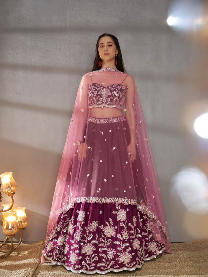 Burgundy Pure Chiffon Sequins embroidery Semi-Stitched Lehenga choli & Dupatta ClothsVilla