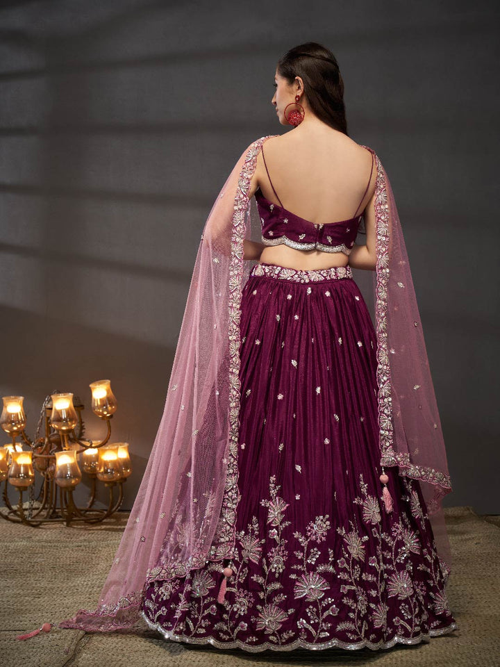 Burgundy Pure Chiffon Sequins embroidery Semi-Stitched Lehenga choli & Dupatta ClothsVilla