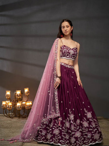 Burgundy Pure Chiffon Sequins embroidery Semi-Stitched Lehenga choli & Dupatta ClothsVilla