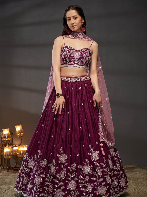 Burgundy Pure Chiffon Sequins embroidery Semi-Stitched Lehenga choli & Dupatta ClothsVilla