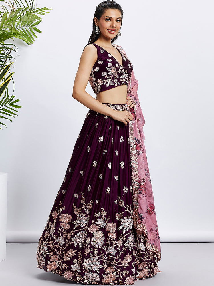 Burgundy Pure Georgette Sequins and thread embroidery Semi-Stitched Lehenga choli & Dupatta ClothsVilla