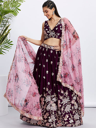 Burgundy Pure Georgette Sequins and thread embroidery Semi-Stitched Lehenga choli & Dupatta ClothsVilla