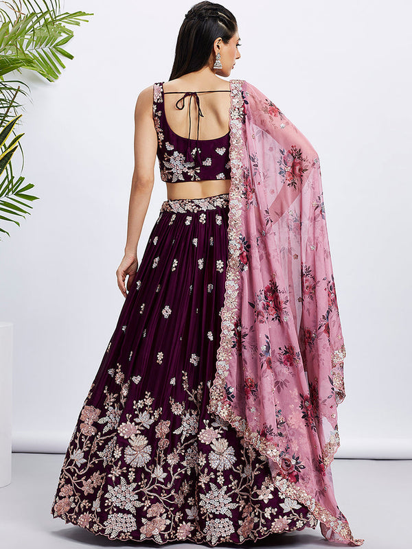 Burgundy Pure Georgette Sequins and thread embroidery Semi-Stitched Lehenga choli & Dupatta ClothsVilla