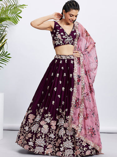 Burgundy Pure Georgette Sequins and thread embroidery Semi-Stitched Lehenga choli & Dupatta ClothsVilla