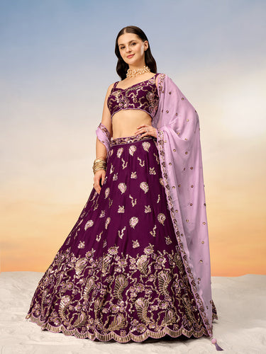 Burgundy Pure Georgette with heavy Sequins embroidery Semi-Stitched Lehenga choli & Dupatta ClothsVilla.com