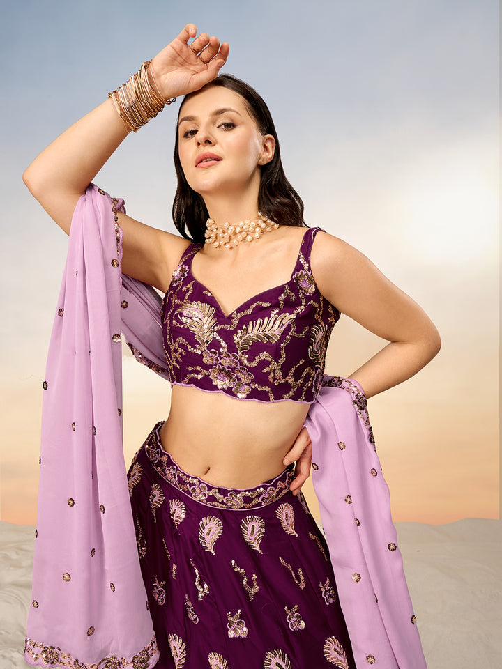 Burgundy Pure Georgette with heavy Sequins embroidery Semi-Stitched Lehenga choli & Dupatta ClothsVilla.com