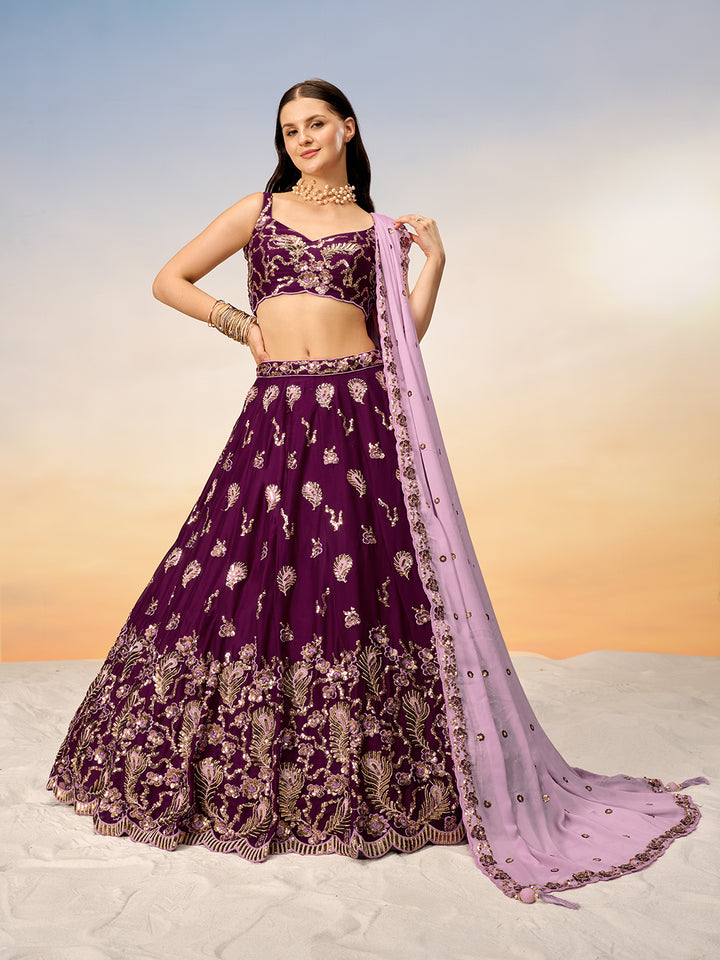 Burgundy Pure Georgette with heavy Sequins embroidery Semi-Stitched Lehenga choli & Dupatta ClothsVilla.com Main image