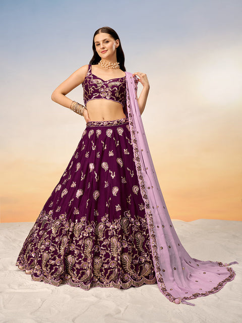 Burgundy Pure Georgette with heavy Sequins embroidery Semi-Stitched Lehenga choli & Dupatta ClothsVilla.com Main image