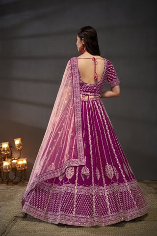 Burgundy Pure Silk Bridal Lehenga Choli Dupatta with Moti, Zarkan & Heavy Embroidery ClothsVilla