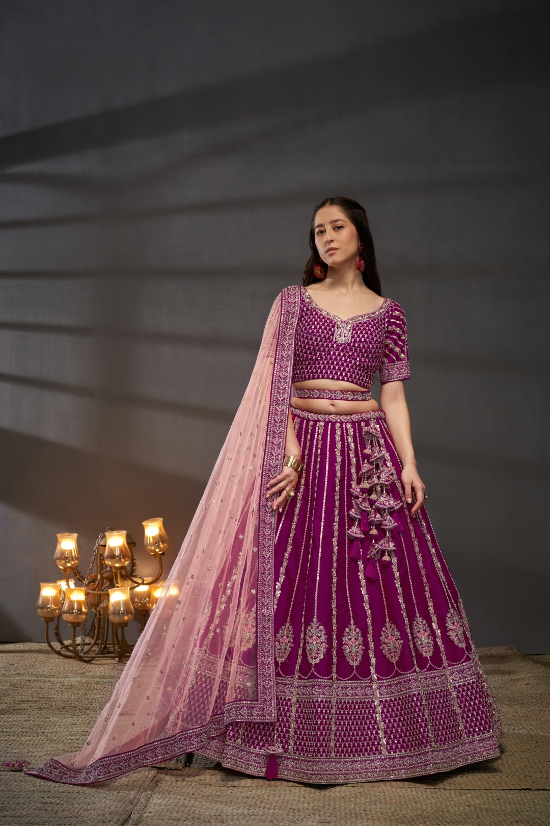 Burgundy Pure Silk Bridal Lehenga Choli Dupatta with Moti, Zarkan & Heavy Embroidery ClothsVilla