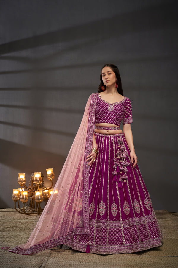 Burgundy Pure Silk Bridal Lehenga Choli Dupatta with Moti, Zarkan & Heavy Embroidery ClothsVilla