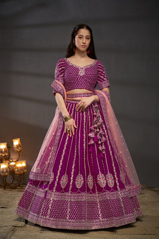 Burgundy Pure Silk Bridal Lehenga Choli Dupatta with Moti, Zarkan & Heavy Embroidery ClothsVilla