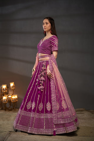 Burgundy Pure Silk Bridal Lehenga Choli Dupatta with Moti, Zarkan & Heavy Embroidery ClothsVilla