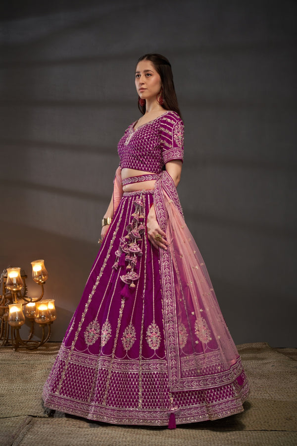 Burgundy Pure Silk Bridal Lehenga Choli Dupatta with Moti, Zarkan & Heavy Embroidery ClothsVilla