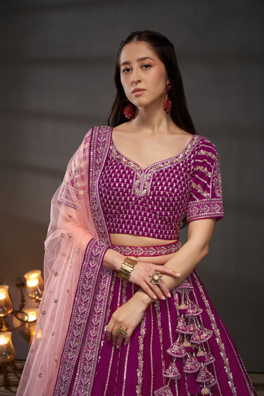 Burgundy Pure Silk Bridal Lehenga Choli Dupatta with Moti, Zarkan & Heavy Embroidery ClothsVilla