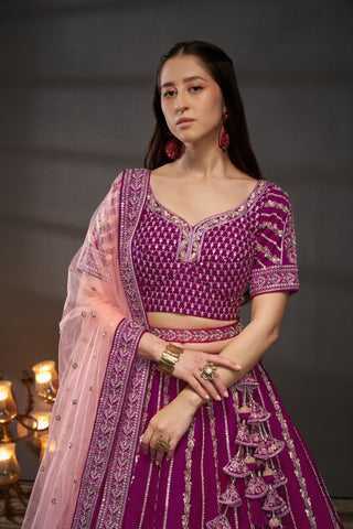 Burgundy Pure Silk Bridal Lehenga Choli Dupatta with Moti, Zarkan & Heavy Embroidery ClothsVilla