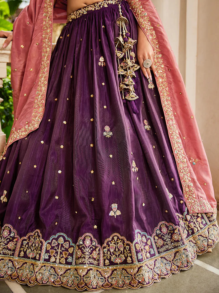 Burgundy Satin Semi-Stitched Lehenga Set with Moti, Sequins, Thread Embroidery and Pink Dupatta ClothsVilla