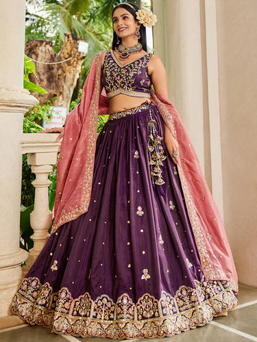 Burgundy Satin Semi-Stitched Lehenga Set with Moti, Sequins, Thread Embroidery and Pink Dupatta ClothsVilla