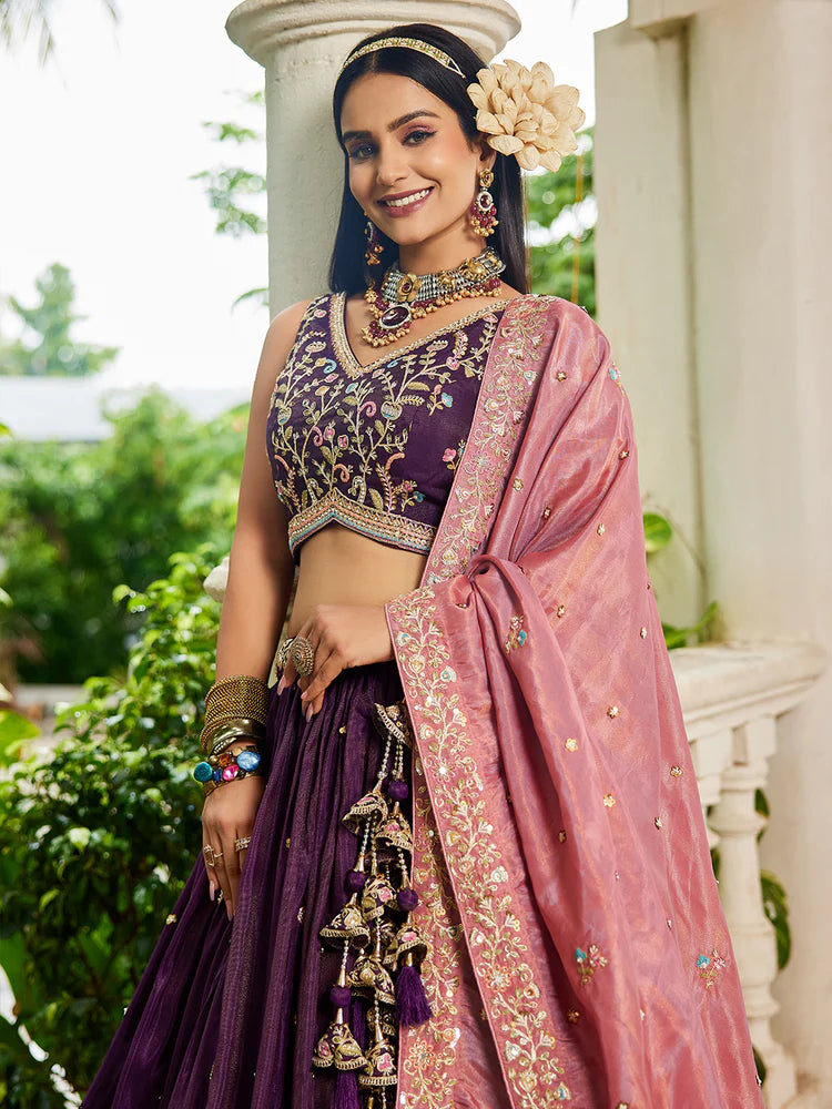 Burgundy Satin Semi-Stitched Lehenga Set with Moti, Sequins, Thread Embroidery and Pink Dupatta ClothsVilla
