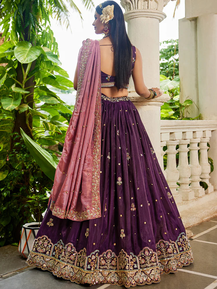 Burgundy Satin Semi-Stitched Lehenga Set with Moti, Sequins, Thread Embroidery and Pink Dupatta ClothsVilla