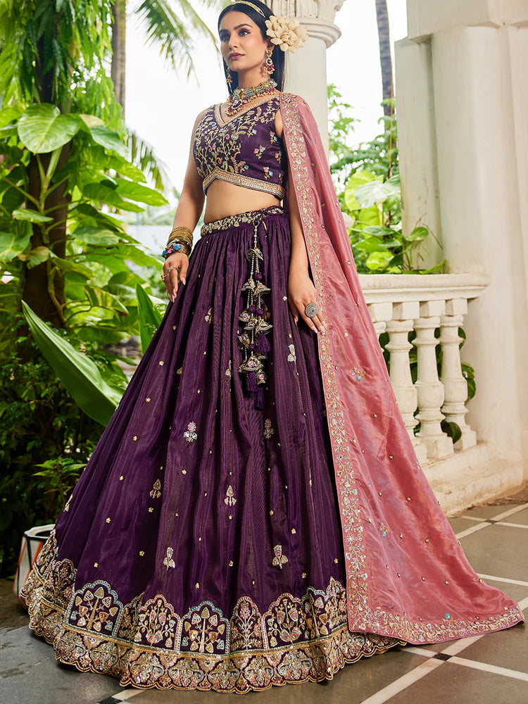 Burgundy Satin Semi-Stitched Lehenga Set with Moti, Sequins, Thread Embroidery and Pink Dupatta ClothsVilla