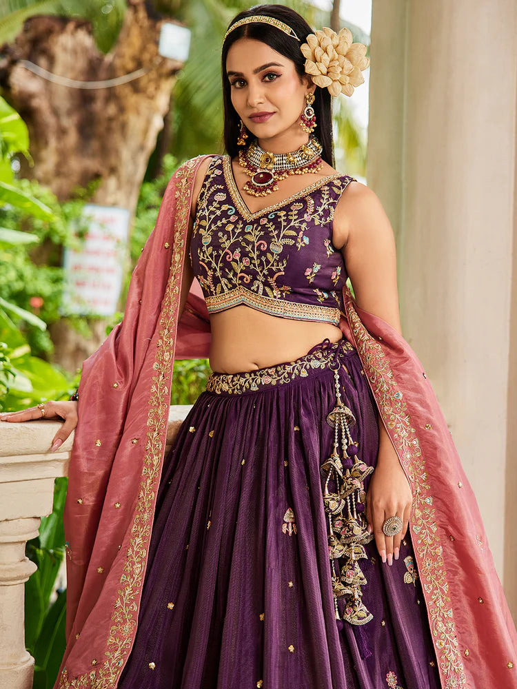 Burgundy Satin Semi-Stitched Lehenga Set with Moti, Sequins, Thread Embroidery and Pink Dupatta ClothsVilla