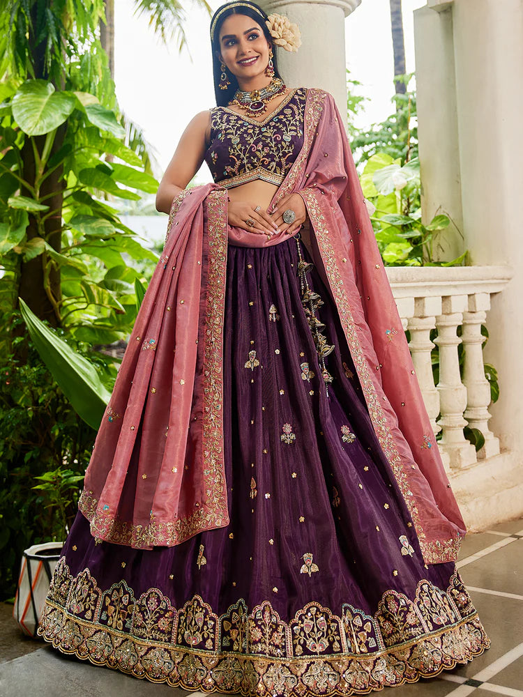 Burgundy Satin Semi-Stitched Lehenga Set with Moti, Sequins, Thread Embroidery and Pink Dupatta ClothsVilla