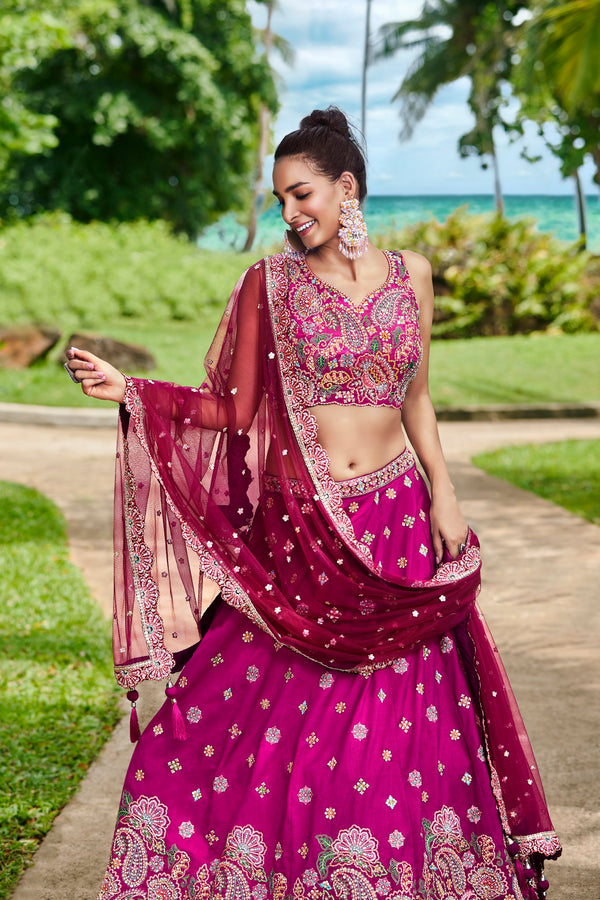 Burgundy Satin Silk Sequins and Zarkan embroidery Semi-Stitched Lehenga choli & Dupatta ClothsVilla