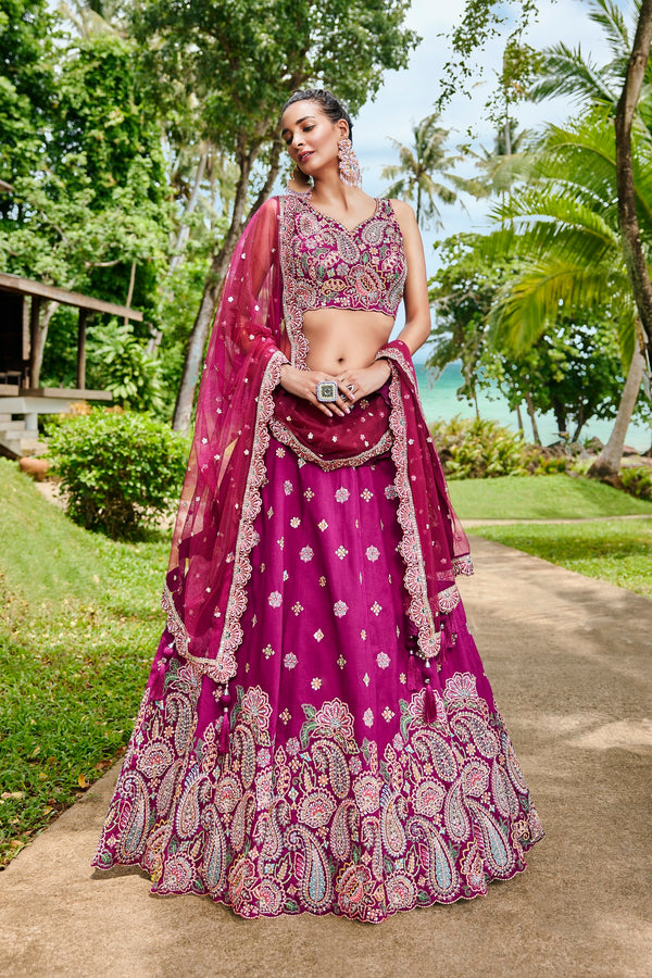 Burgundy Satin Silk Sequins and Zarkan embroidery Semi-Stitched Lehenga choli & Dupatta ClothsVilla