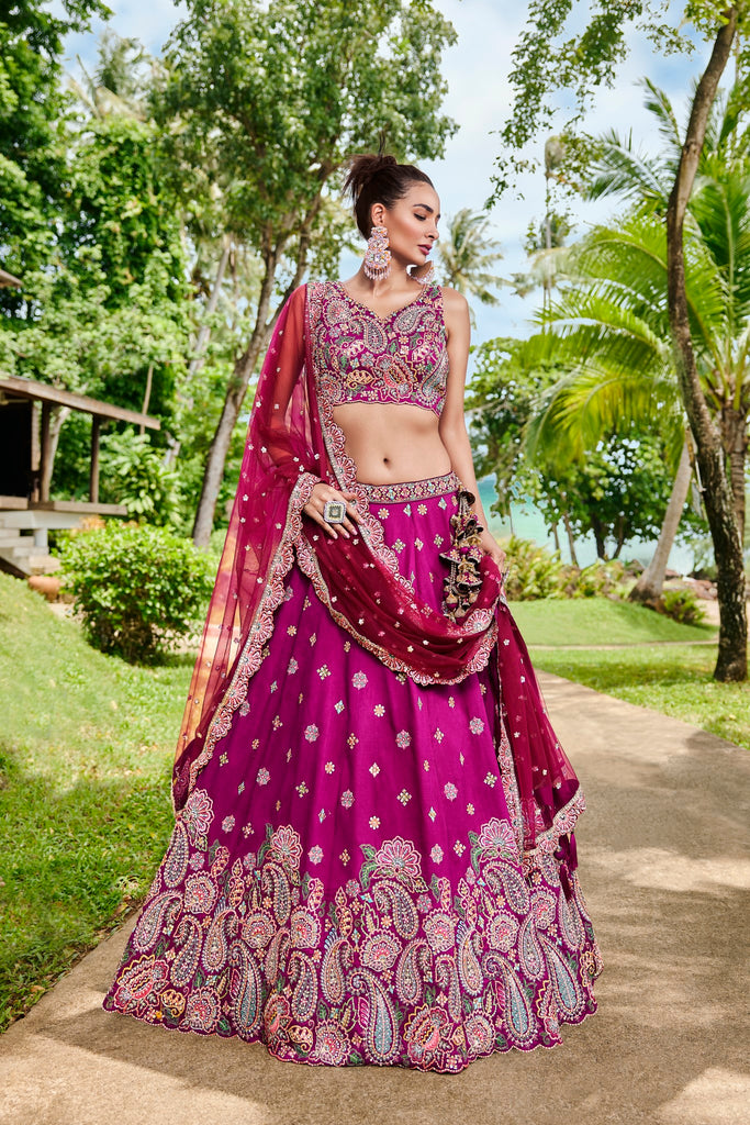 Burgundy Satin Silk Sequins and Zarkan embroidery Semi-Stitched Lehenga choli & Dupatta ClothsVilla