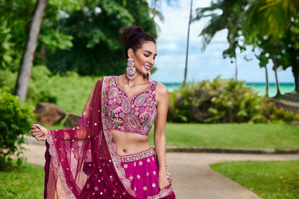 Burgundy Satin Silk Sequins and Zarkan embroidery Semi-Stitched Lehenga choli & Dupatta ClothsVilla