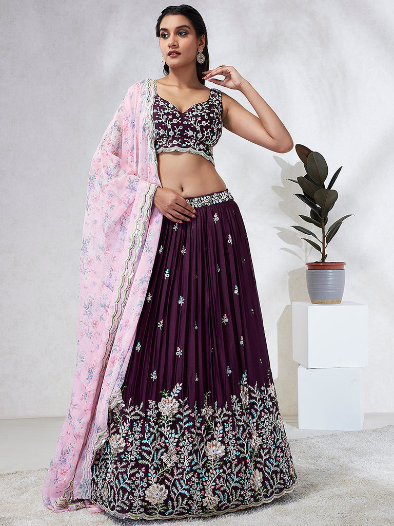 Burgundy Sequin Embroidered Lehenga Choli Set with Mirror Work & Digital Print Dupatta ClothsVilla