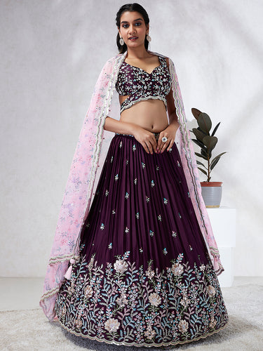 Burgundy Sequin Embroidered Lehenga Choli Set with Mirror Work & Digital Print Dupatta ClothsVilla