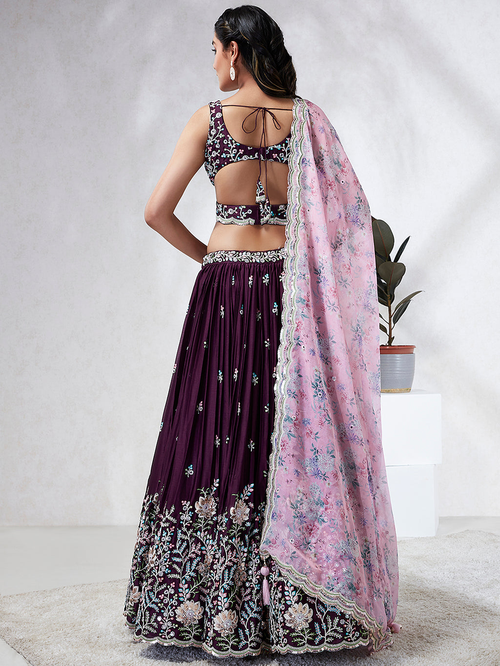 Burgundy Sequin Embroidered Lehenga Choli Set with Mirror Work & Digital Print Dupatta ClothsVilla