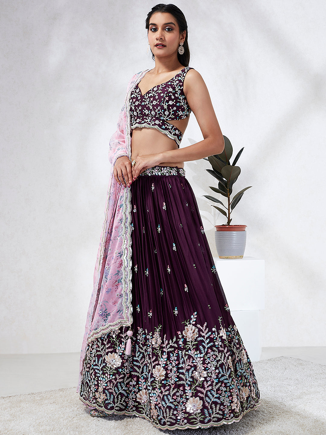 Burgundy Sequin Embroidered Lehenga Choli Set with Mirror Work & Digital Print Dupatta ClothsVilla