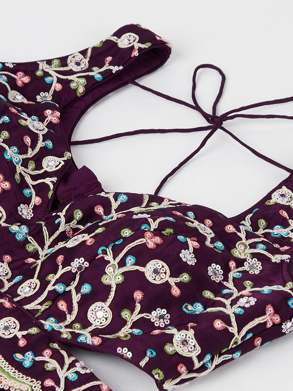 Burgundy Sequin Embroidered Lehenga Choli Set with Mirror Work & Digital Print Dupatta ClothsVilla
