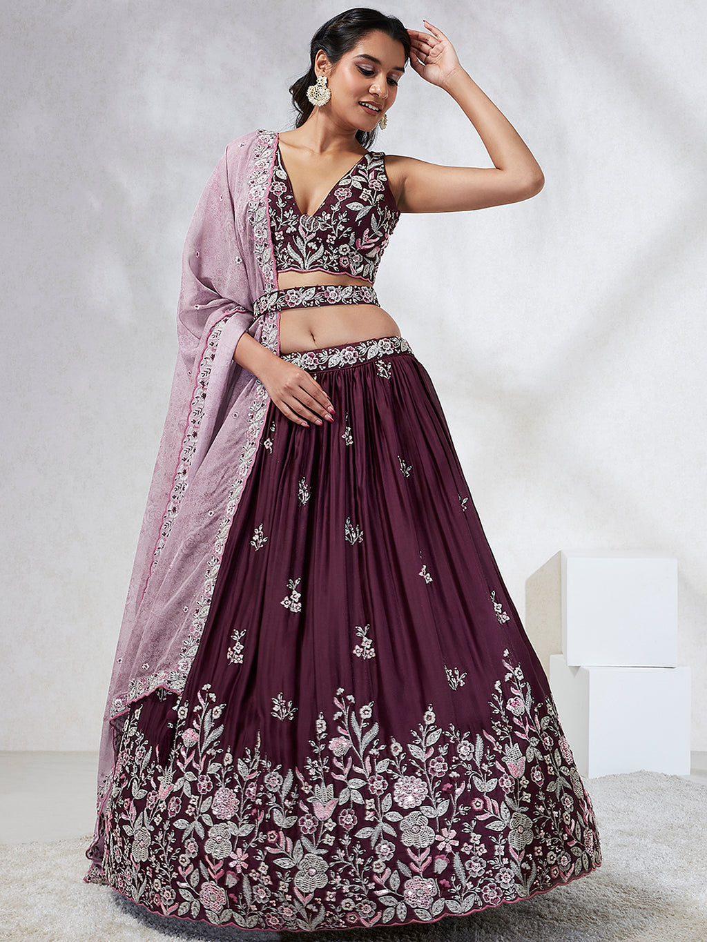 Burgundy Sequined Lehenga Choli Set with Thread Embroidery & Dupatta ClothsVilla