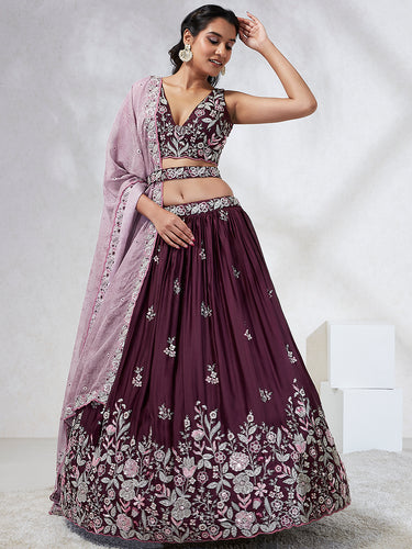 Burgundy Sequined Lehenga Choli Set with Thread Embroidery & Dupatta ClothsVilla
