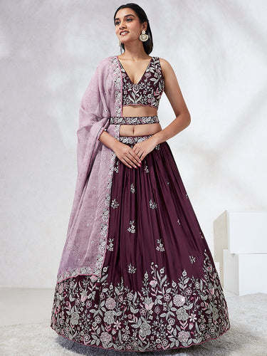 Burgundy Sequined Lehenga Choli Set with Thread Embroidery & Dupatta ClothsVilla