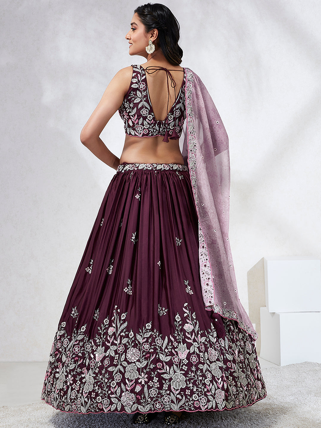 Burgundy Sequined Lehenga Choli Set with Thread Embroidery & Dupatta ClothsVilla
