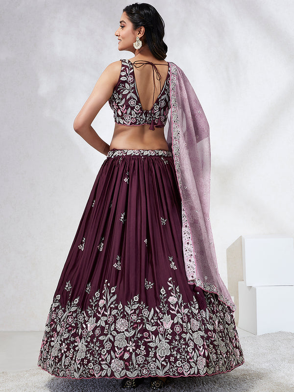 Burgundy Sequined Lehenga Choli Set with Thread Embroidery & Dupatta ClothsVilla