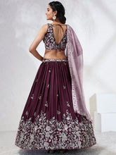Load image into Gallery viewer, Burgundy Sequined Lehenga Choli Set with Thread Embroidery &amp; Dupatta ClothsVilla