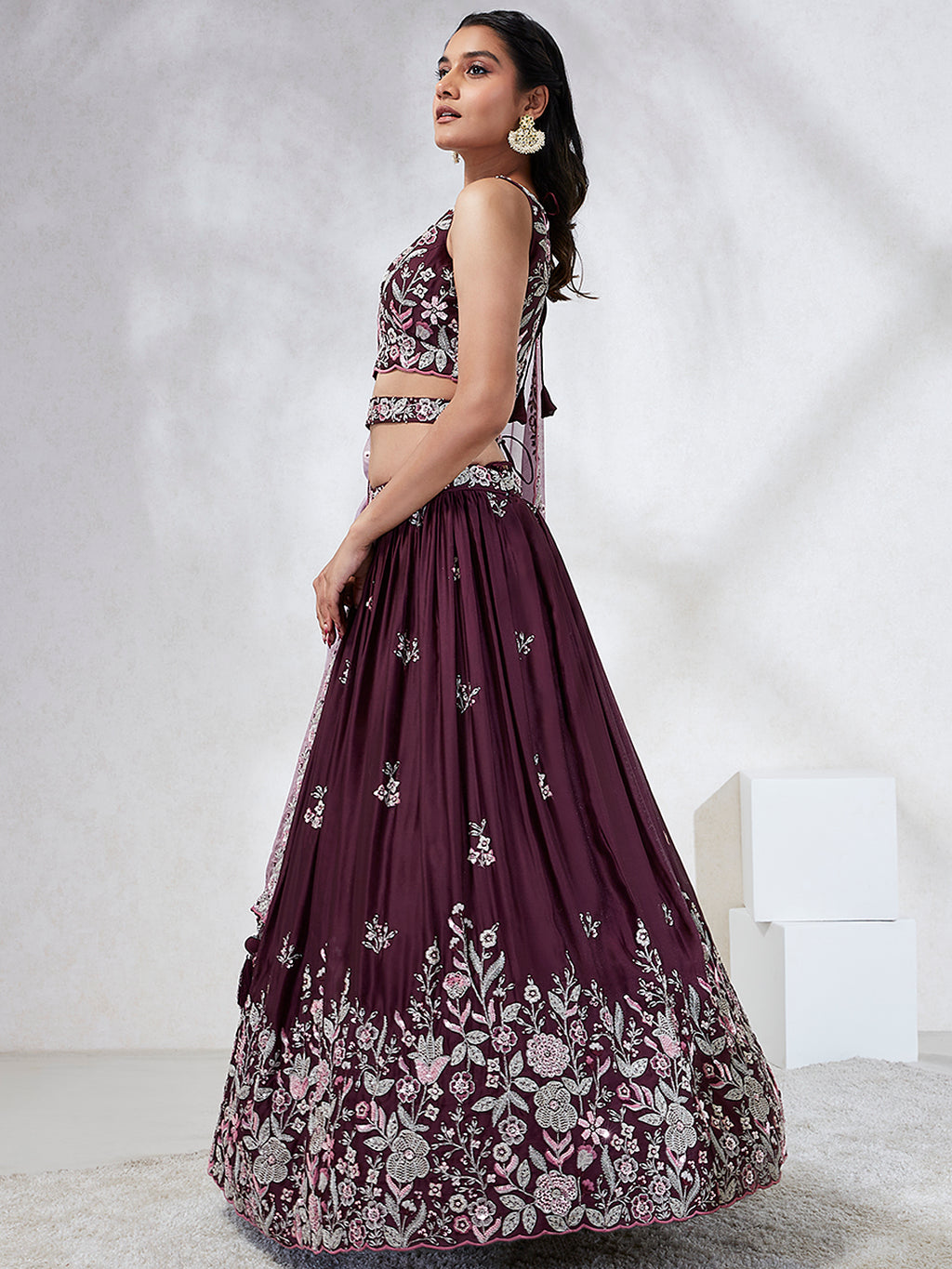 Burgundy Sequined Lehenga Choli Set with Thread Embroidery & Dupatta ClothsVilla