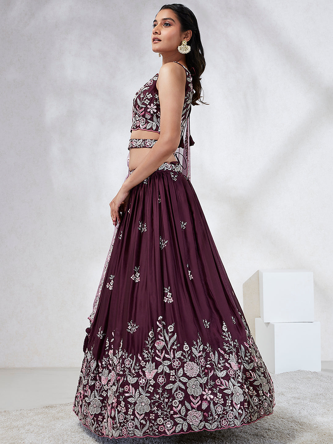 Burgundy Sequined Lehenga Choli Set with Thread Embroidery & Dupatta ClothsVilla